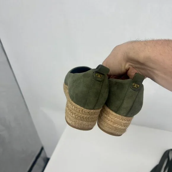 Tory Burch Heather Espadrille Ankle Wrap Wedge Leccio Green Suede - Picture 8 of 12